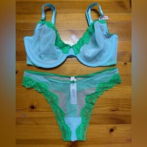 Victoria’s Secret Tease Unlined Demi Bra Blue Mesh Lace Trim 34DDD/med Thong NWT